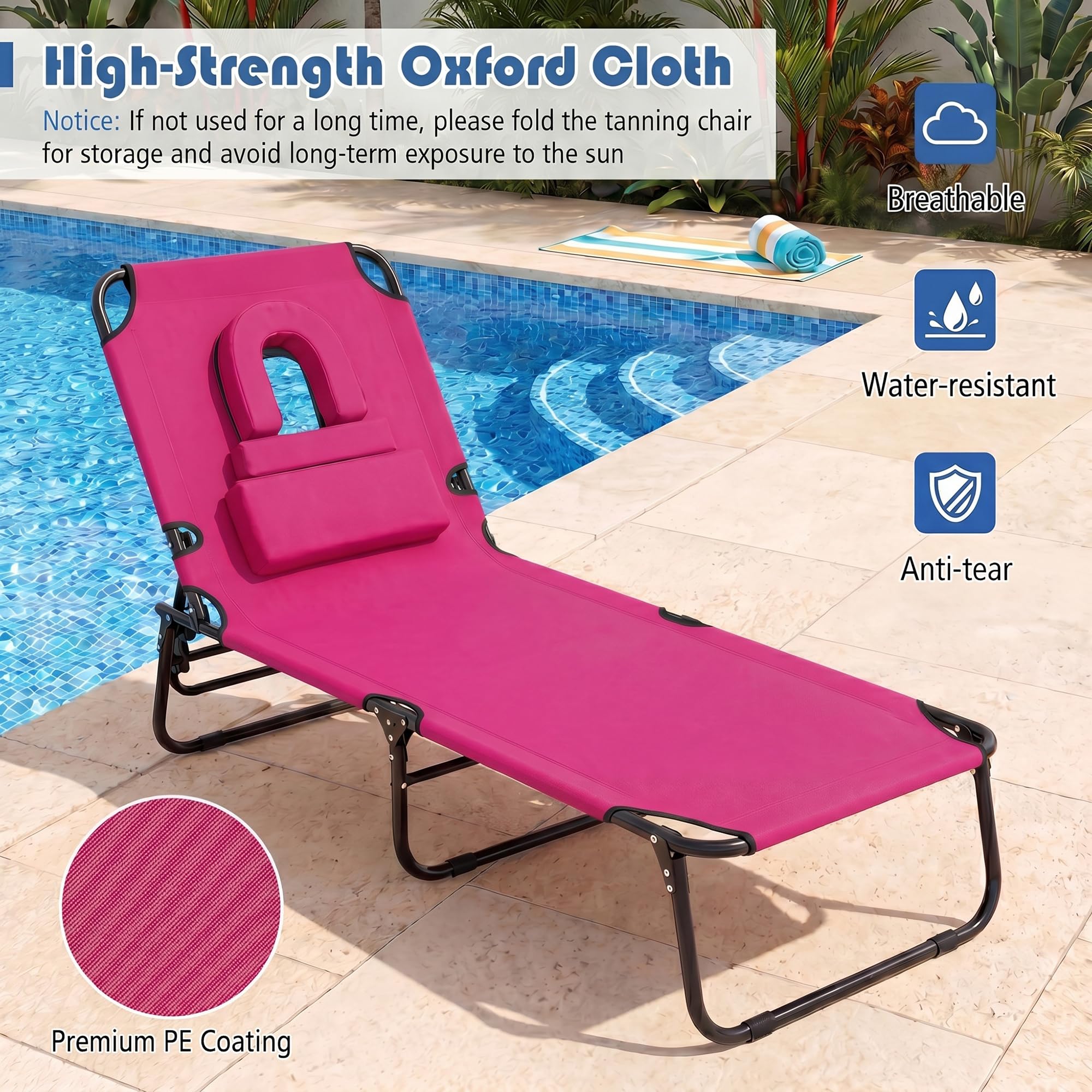 Goplus tanning chair next to a person showing size and 13-inch seat height
