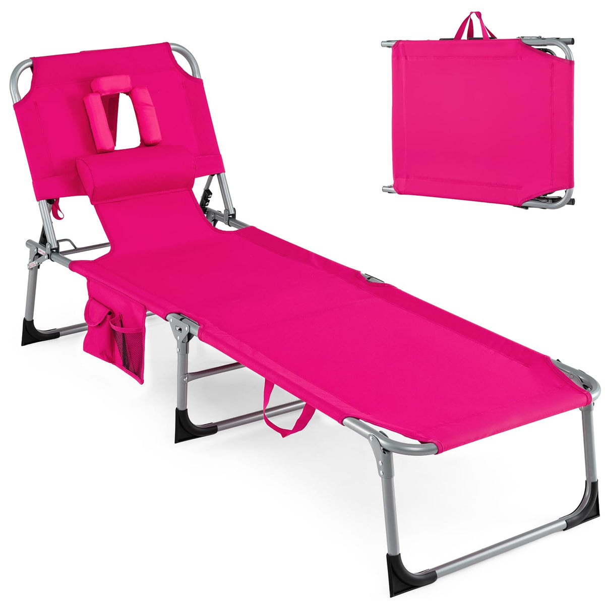 Goplus front view of chair showing recline positions and portability benefit