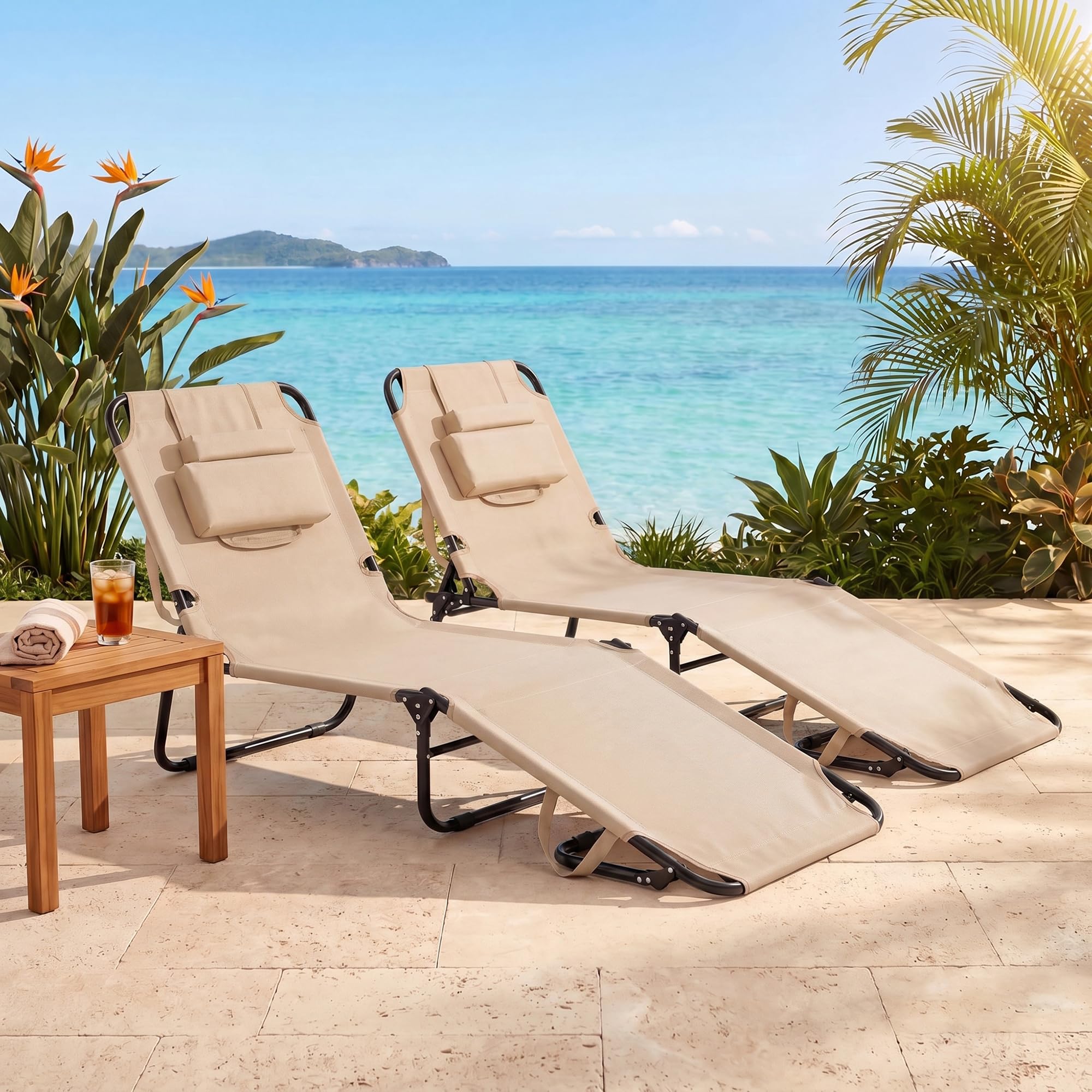 Goplus tanning chair in beach setting for portable sunbathing convenience