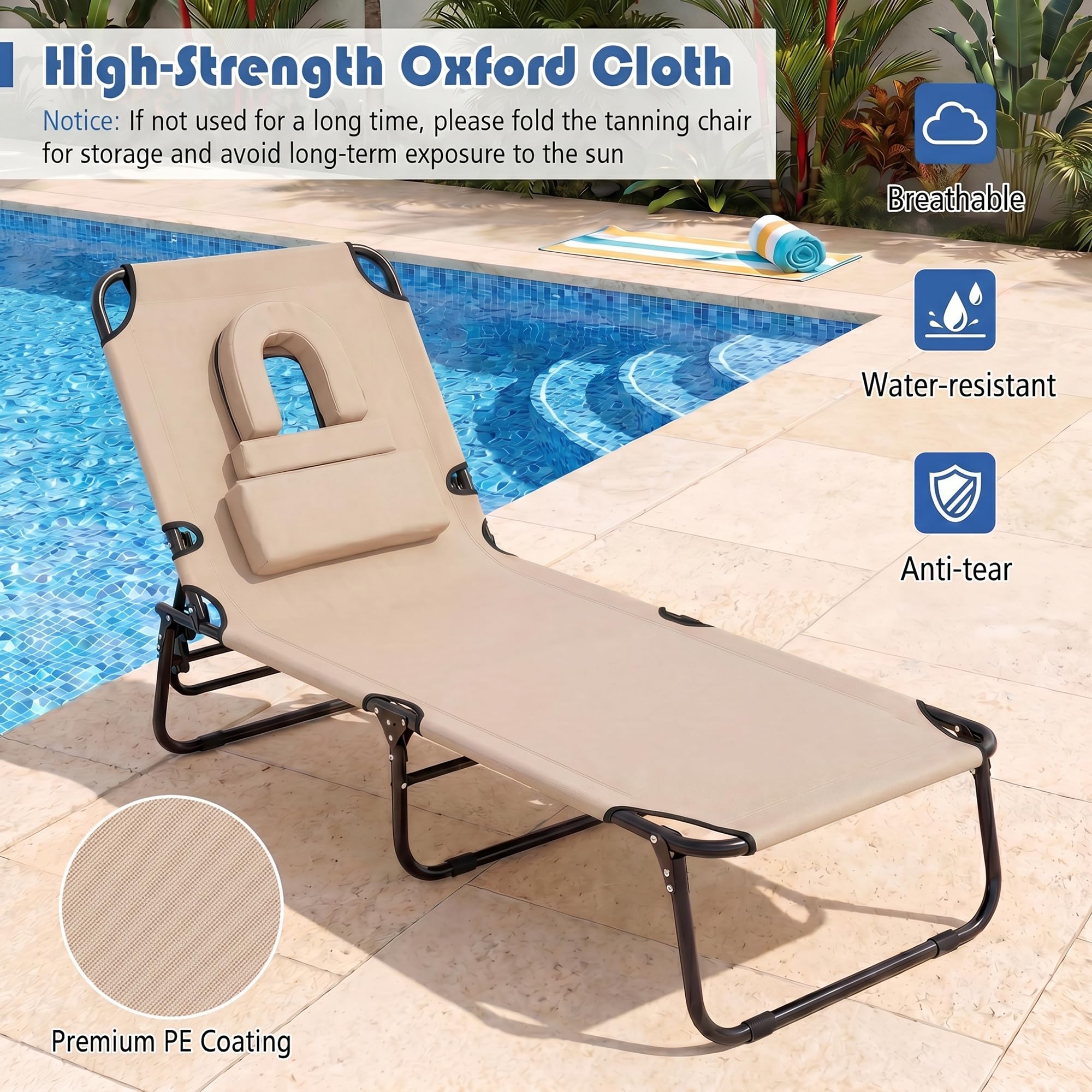 Goplus tanning chair poolside lifestyle scene showing relaxation benefit