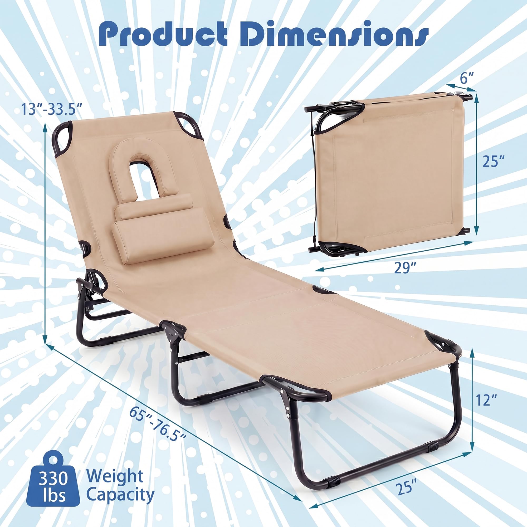 Goplus tanning chair size comparison beside a person to show scale