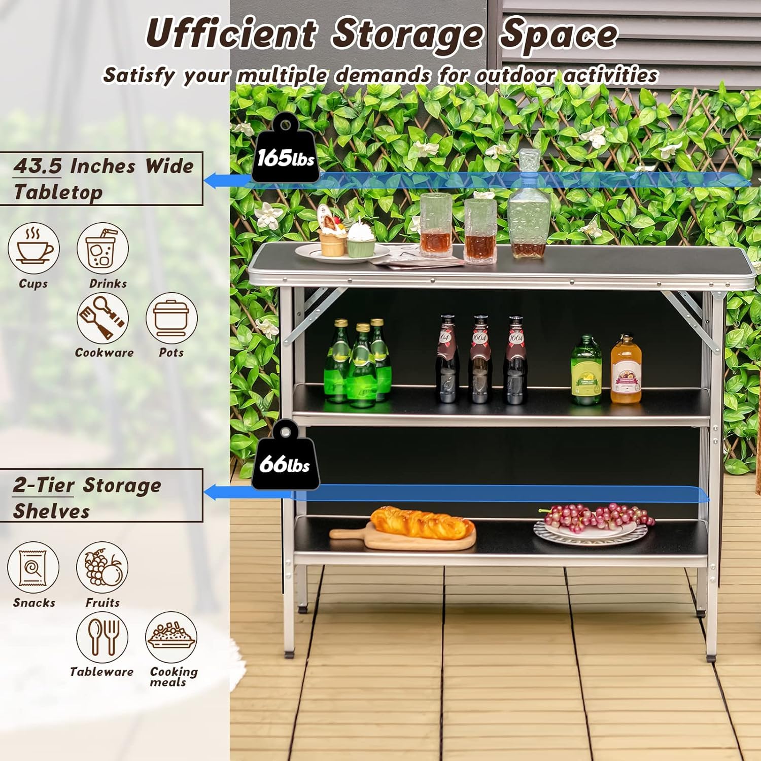 Goplus two-tier shelves stocked with food showing organized storage advantage