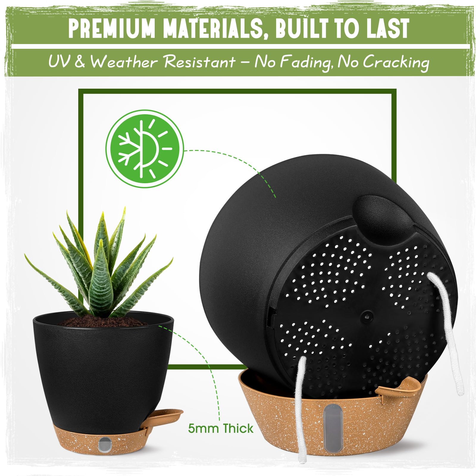 Goproauto detachable saucer under a pot showing leak-proof protection for floors and furniture benefit