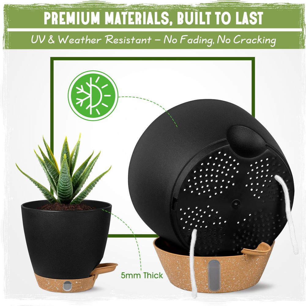 Goproauto detachable saucer under a pot showing leak-proof protection for floors and furniture benefit