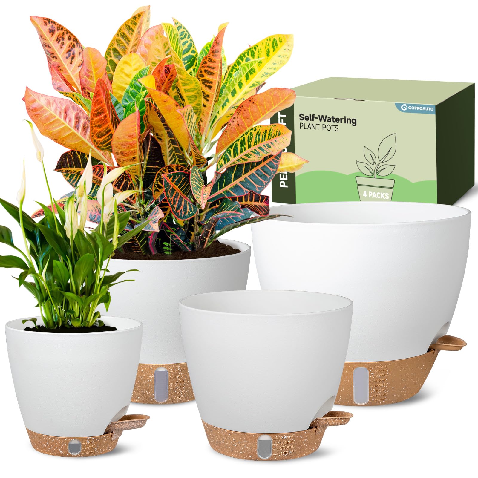 Goproauto front view showing the four self-watering pots and clear benefits