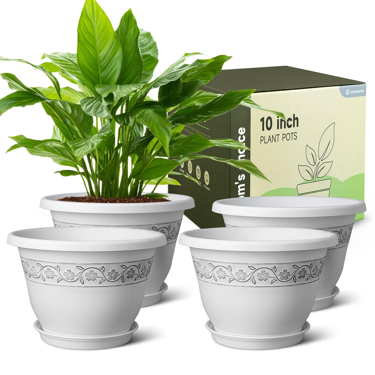 Goproauto front view of four white 10-inch pots showing clean finish and space savings