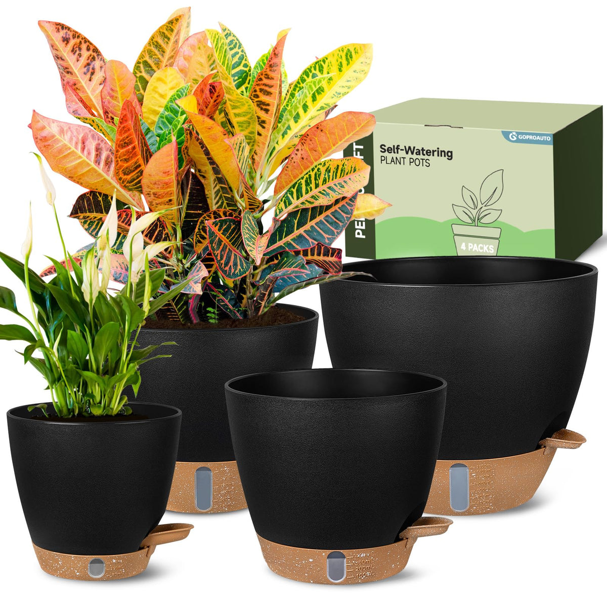 Goproauto front view of all four self-watering planters showing sizes and modern design benefit easy styling