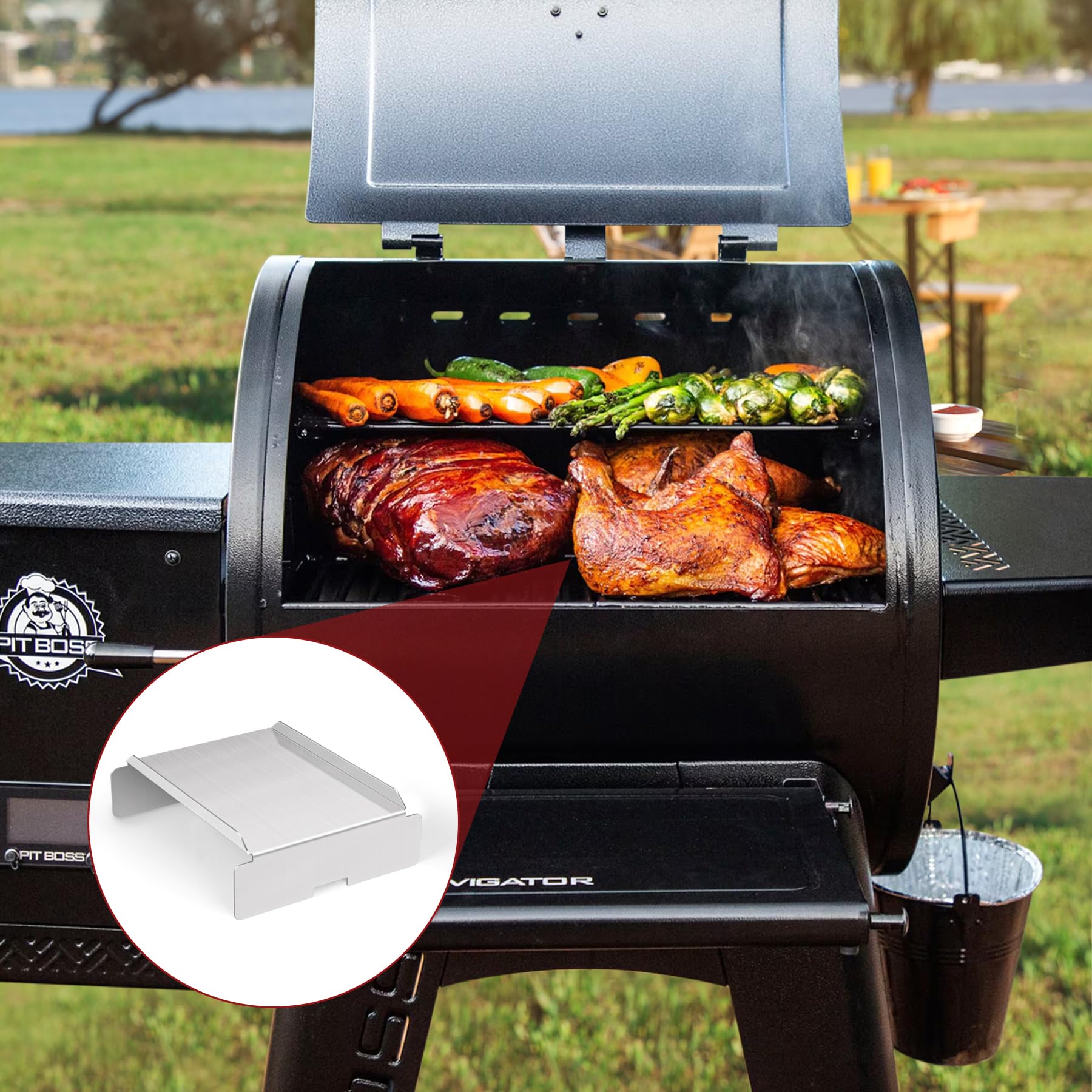 GORGERILA side profile under grill grates showing how the heat shield fits and protects food from direct flames