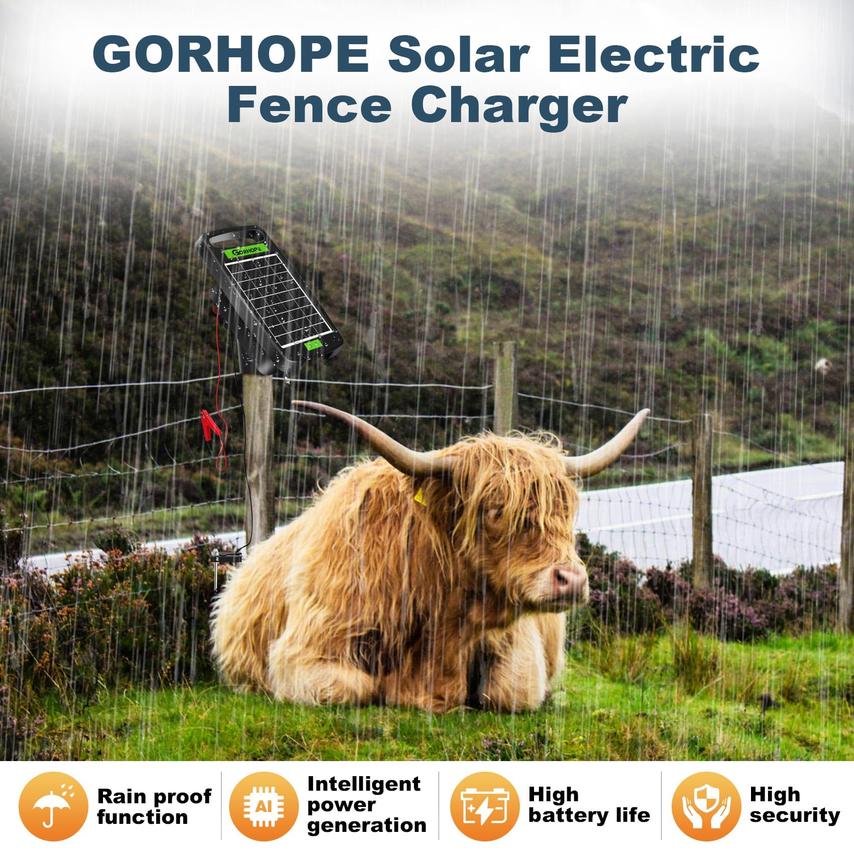 Gorhope mounted on a fence post in pasture, demonstrates continuous perimeter protection