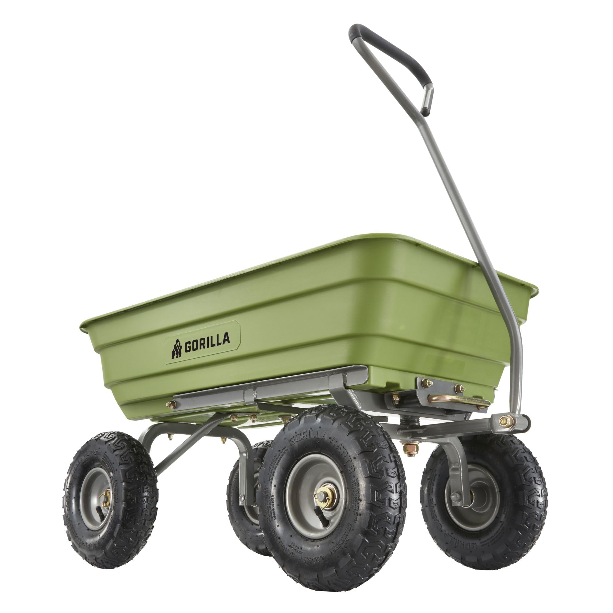 Gorilla Carts front view showing green tub and sturdy frame for heavy hauling