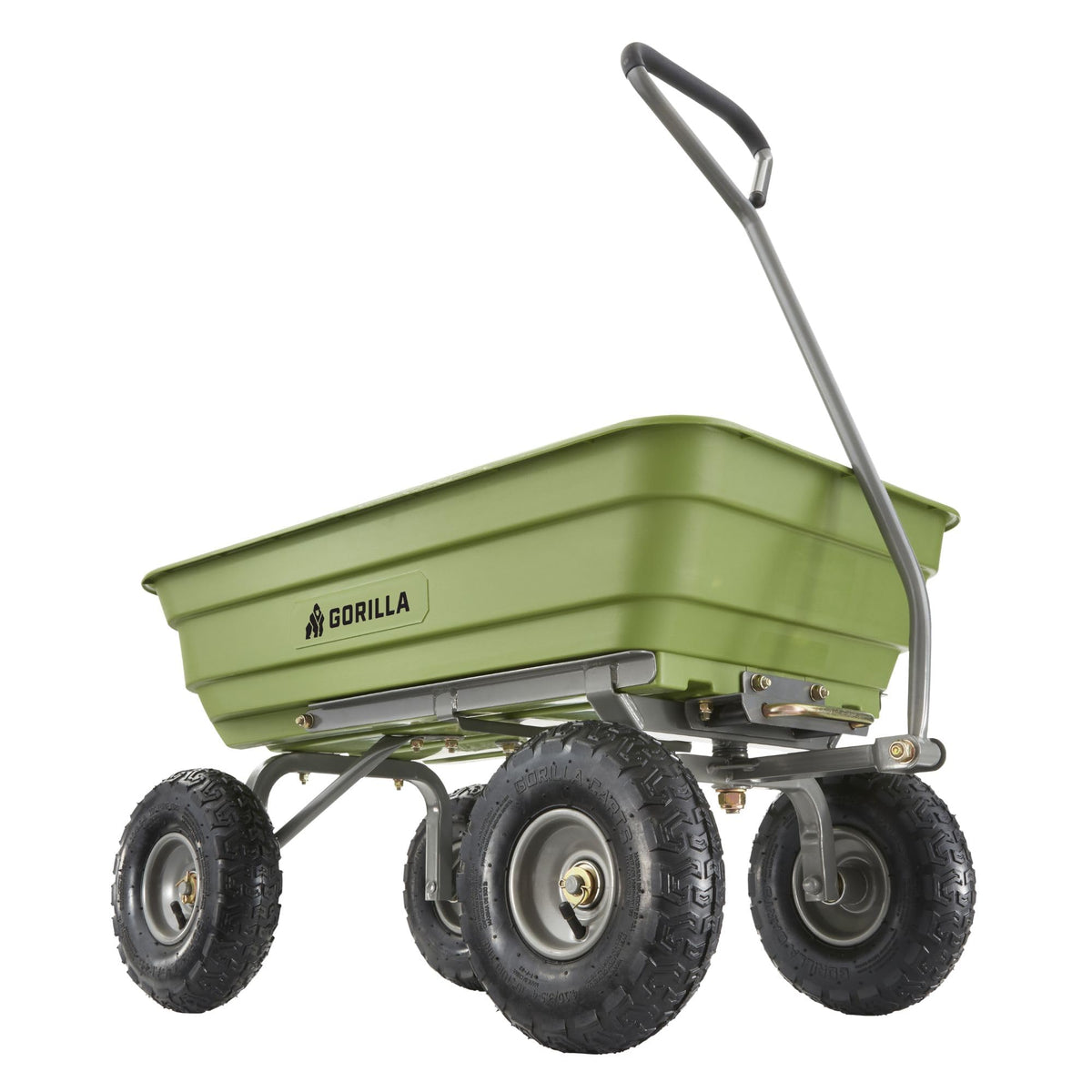 Gorilla Carts front view showing green tub and sturdy frame for heavy hauling