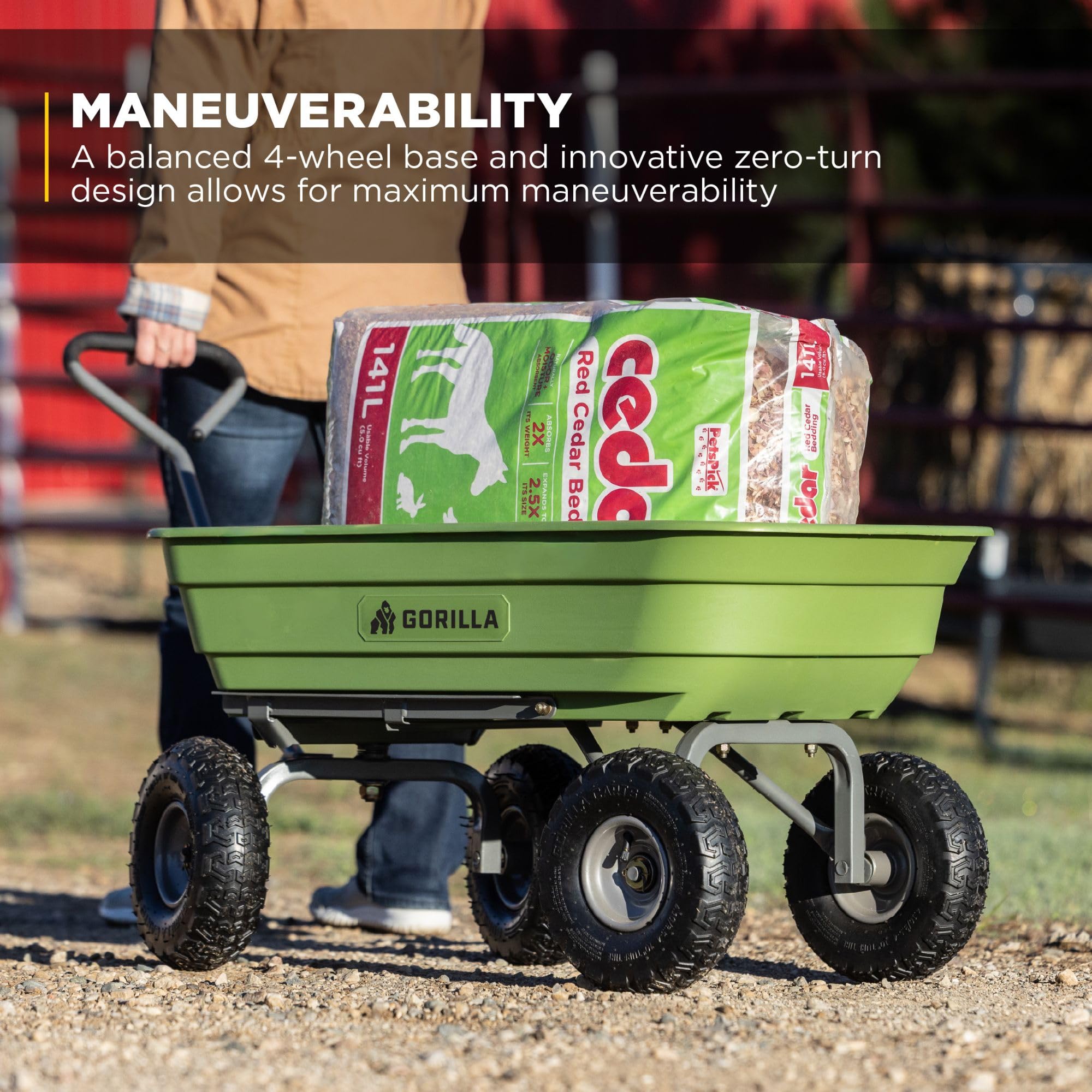 Gorilla Carts 10-inch pneumatic tire close-up providing smooth terrain travel