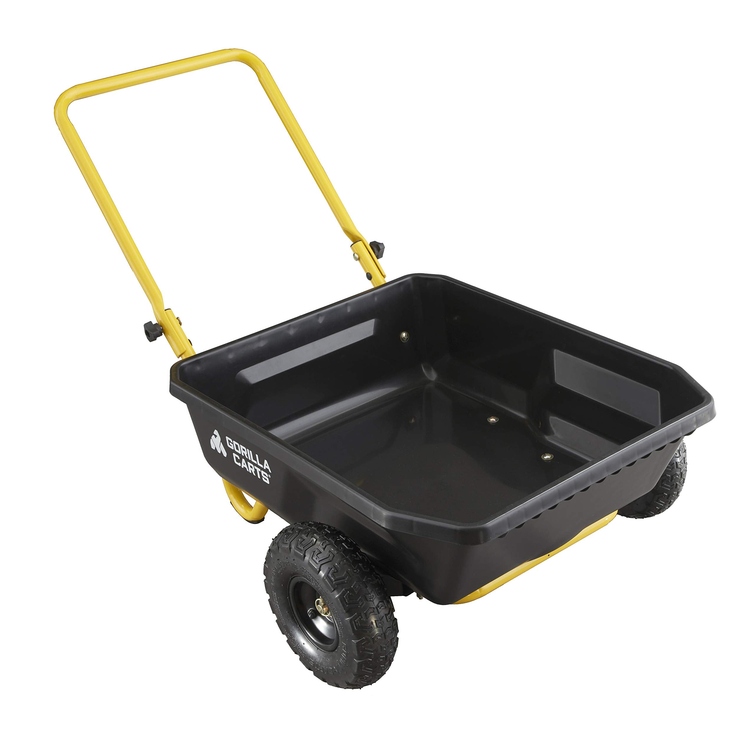 Gorilla Carts front view showing durable poly bed and stable two-wheel frame benefit: easy loading