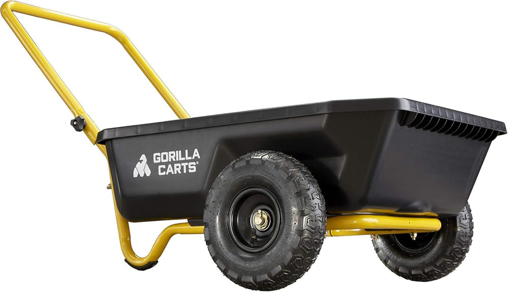 Gorilla Carts in-use carrying mulch in a garden demonstrating efficient material transport