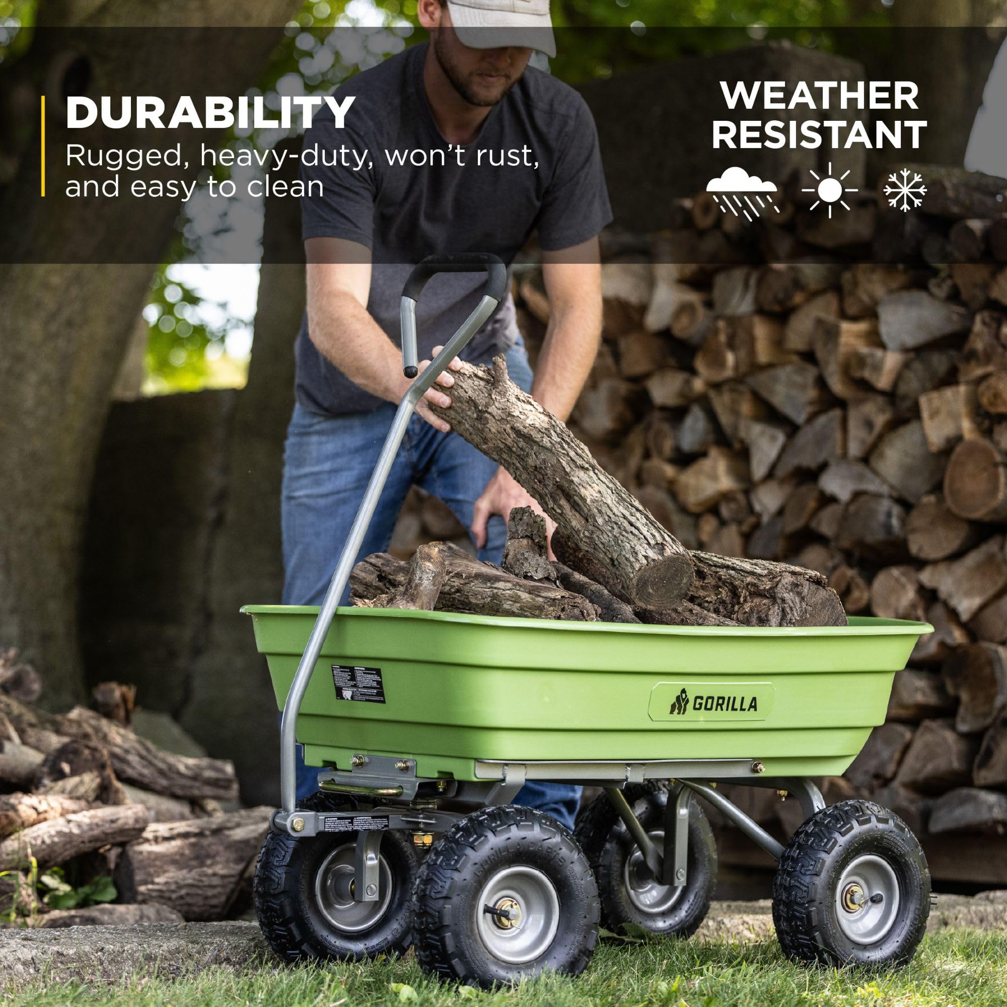 Gorilla Carts quick-release dump latch engaged for fast, one-handed unloading