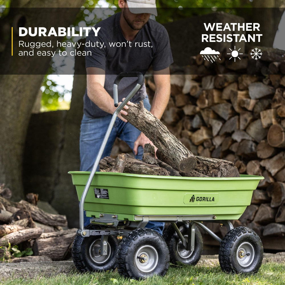 Gorilla Carts quick-release dump latch engaged for fast, one-handed unloading