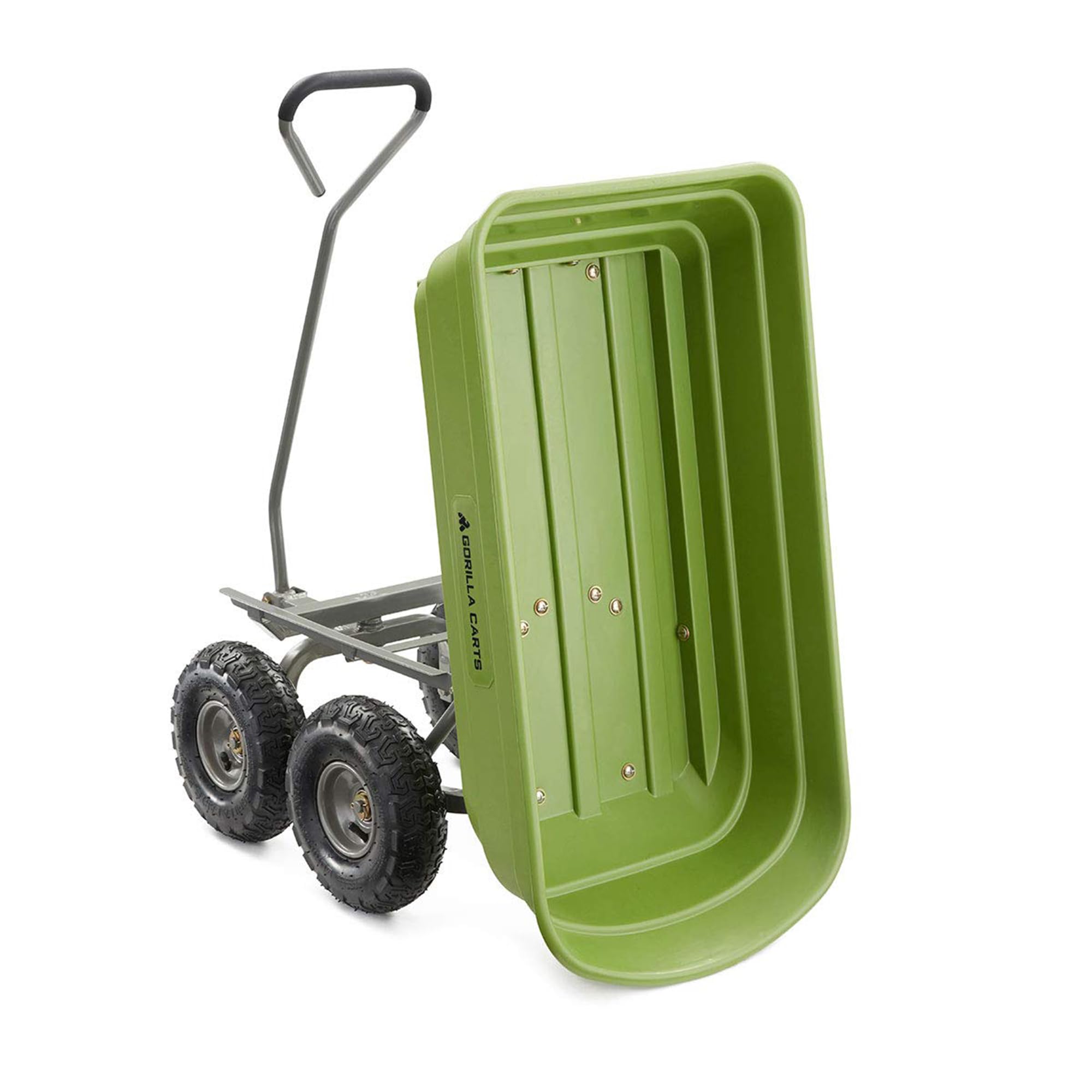 Gorilla Carts beside person for scale illustrating 36 by 20 inch bed size