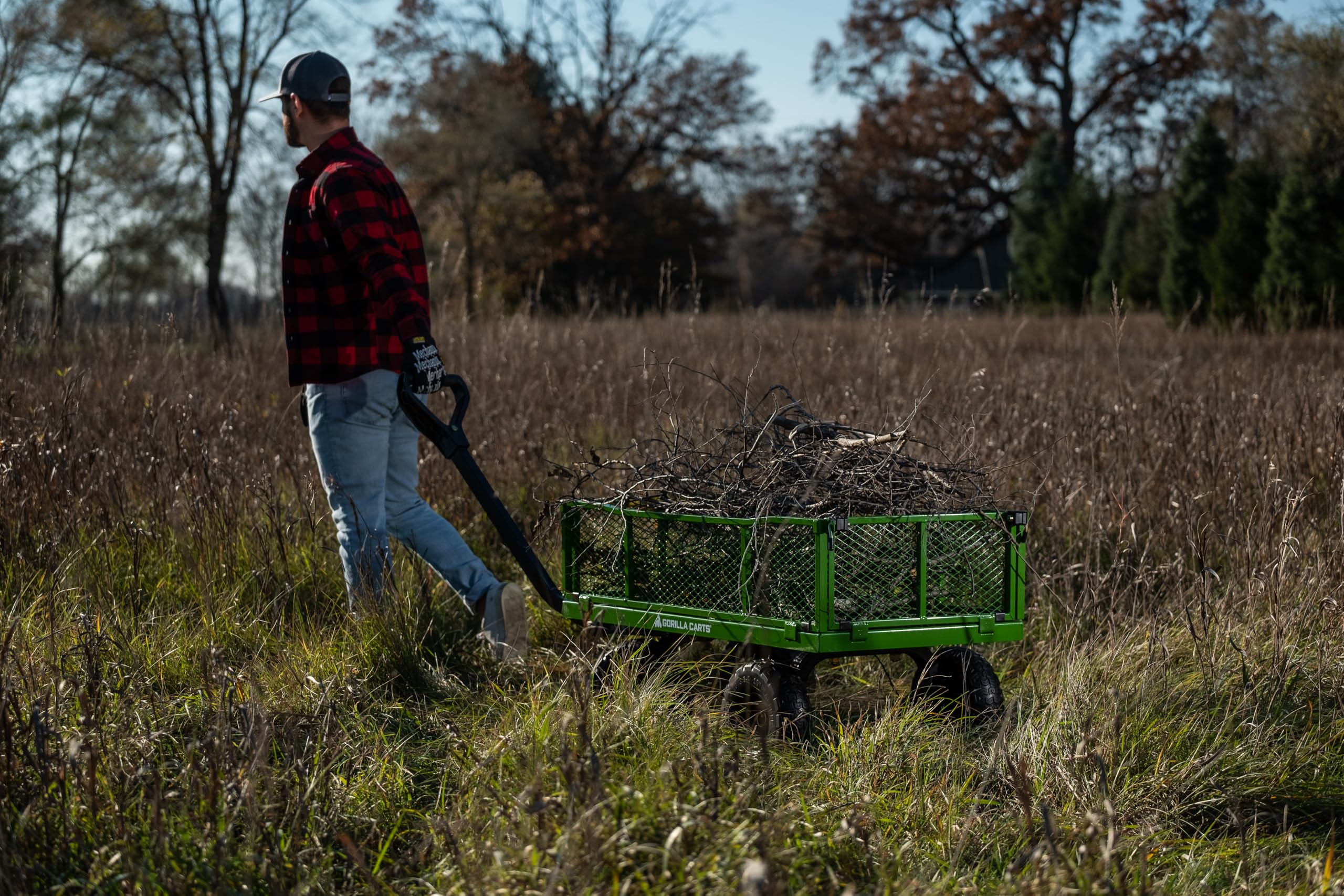 Gorilla Carts loaded with mulch demonstrating 800 lb capacity and efficiency
