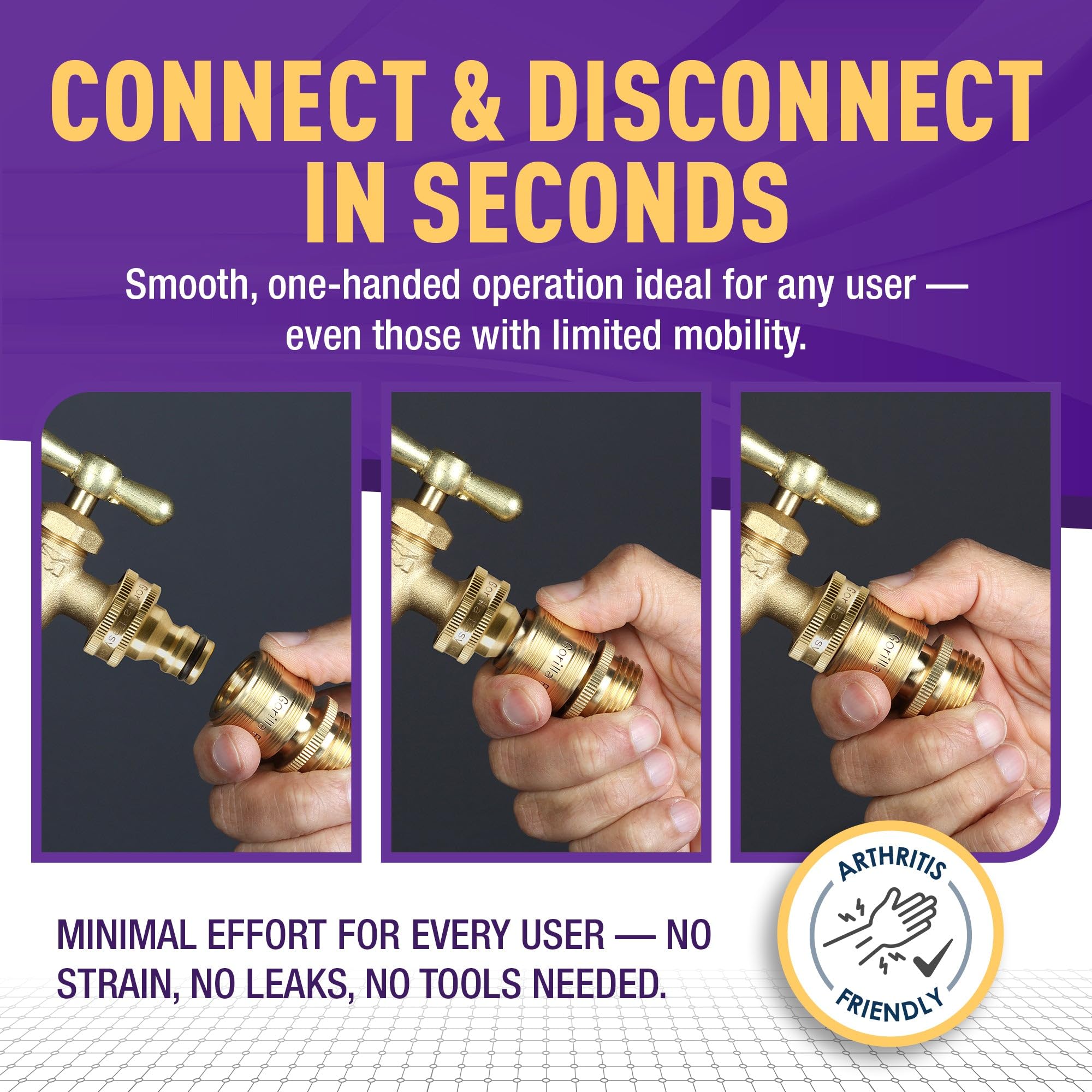 GORILLA EASY CONNECT close-up of solid brass finish, corrosion resistance benefit
