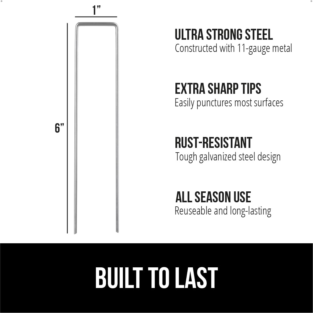 GORILLA GRIP sharp 6-inch staple tip close-up for easy soil penetration