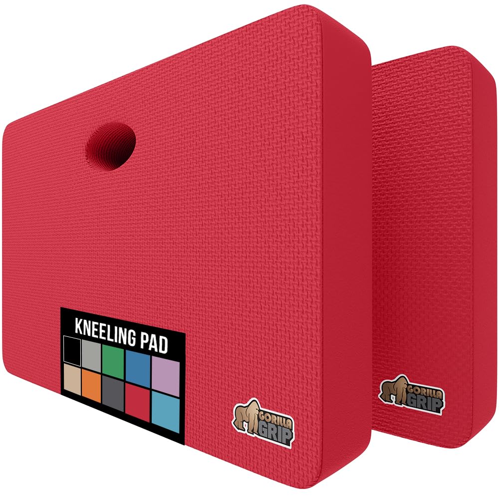 GORILLA GRIP front view showing two red kneeling pads and clear labeling, durable cushion