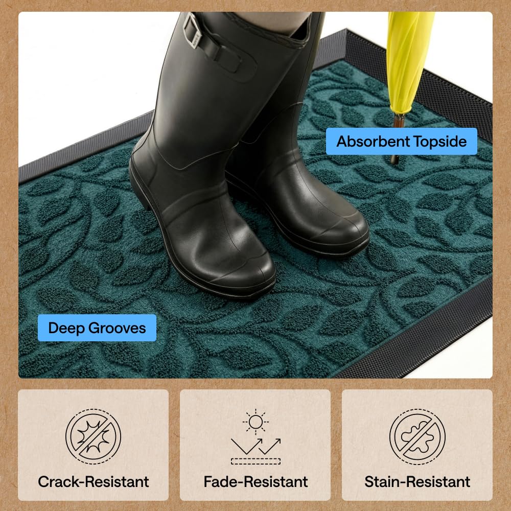 GORILLA GRIP mat next to shoes showing 47x35 size for wide entryways