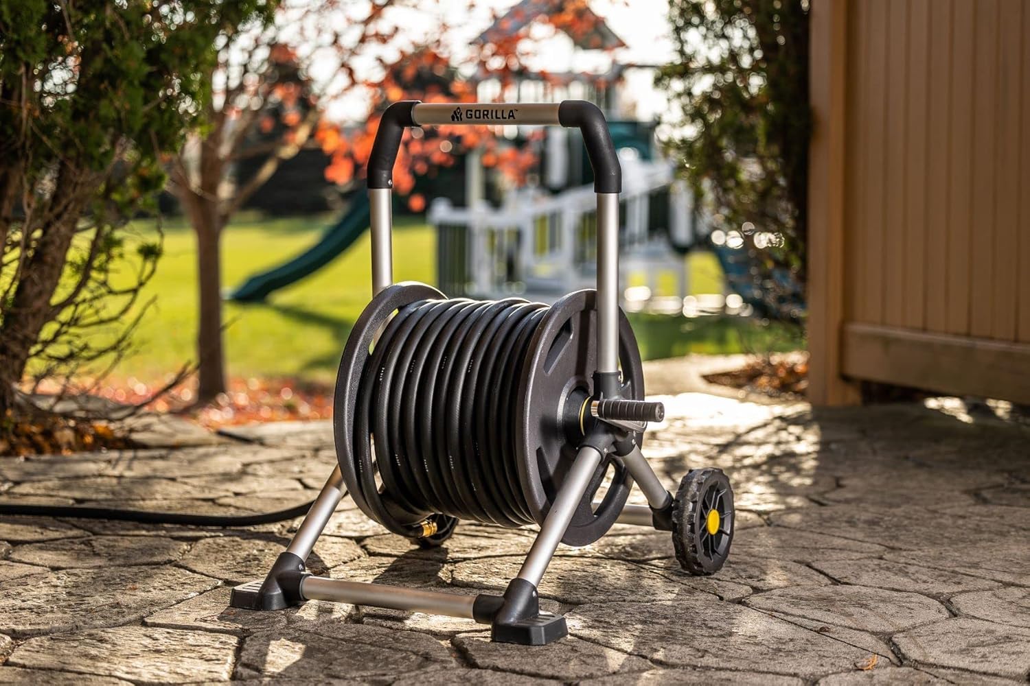Gorilla Carts cast-aluminum crank and comfort handle close-up for easy winding benefit