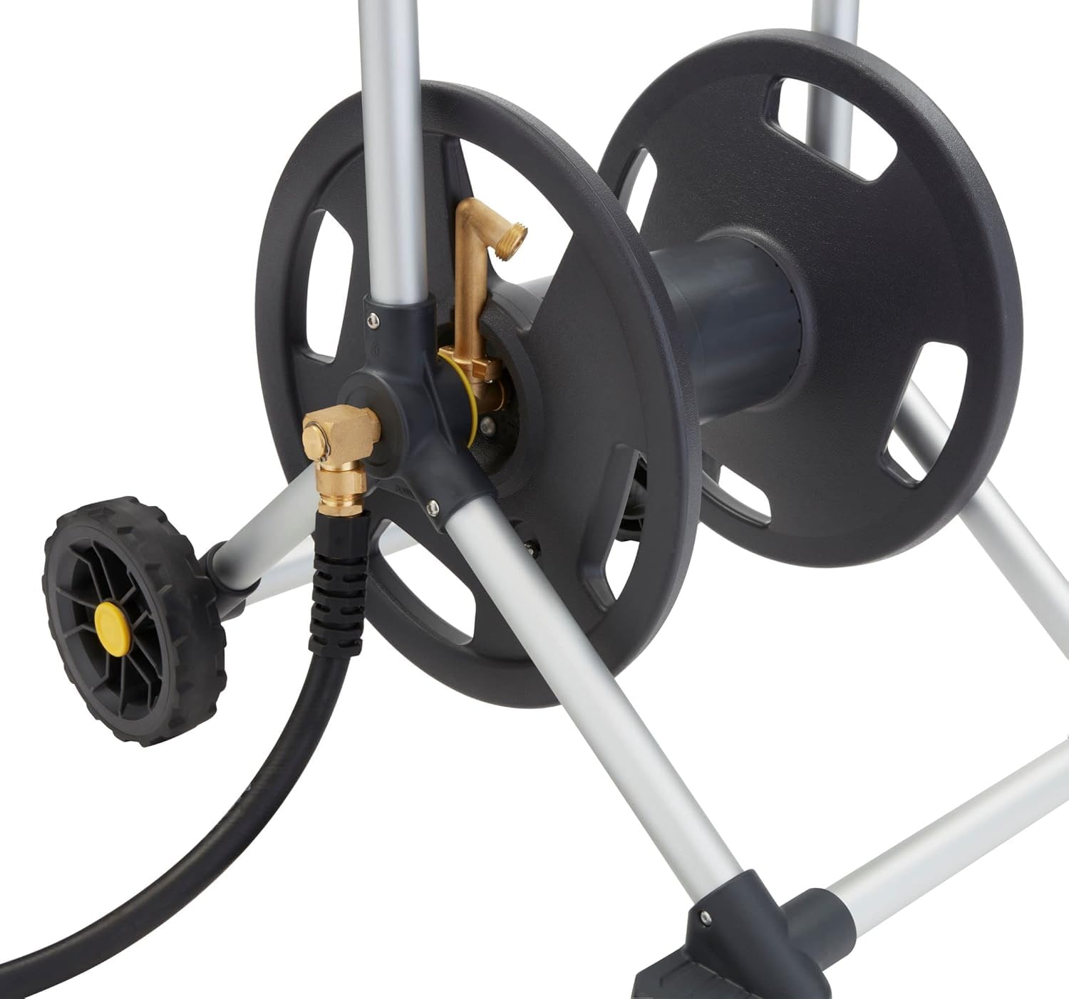 Gorilla Carts reel loaded with hose showing 200 ft capacity for long runs benefit