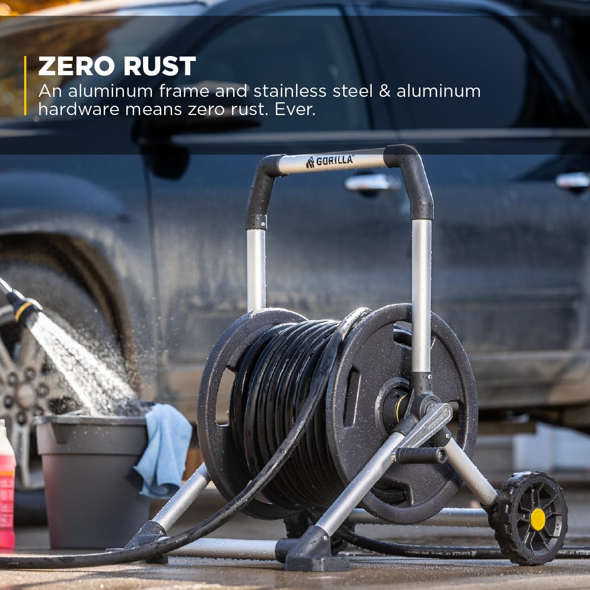 Gorilla Carts reel close-up highlighting durable blow-molded texture and impact resistance