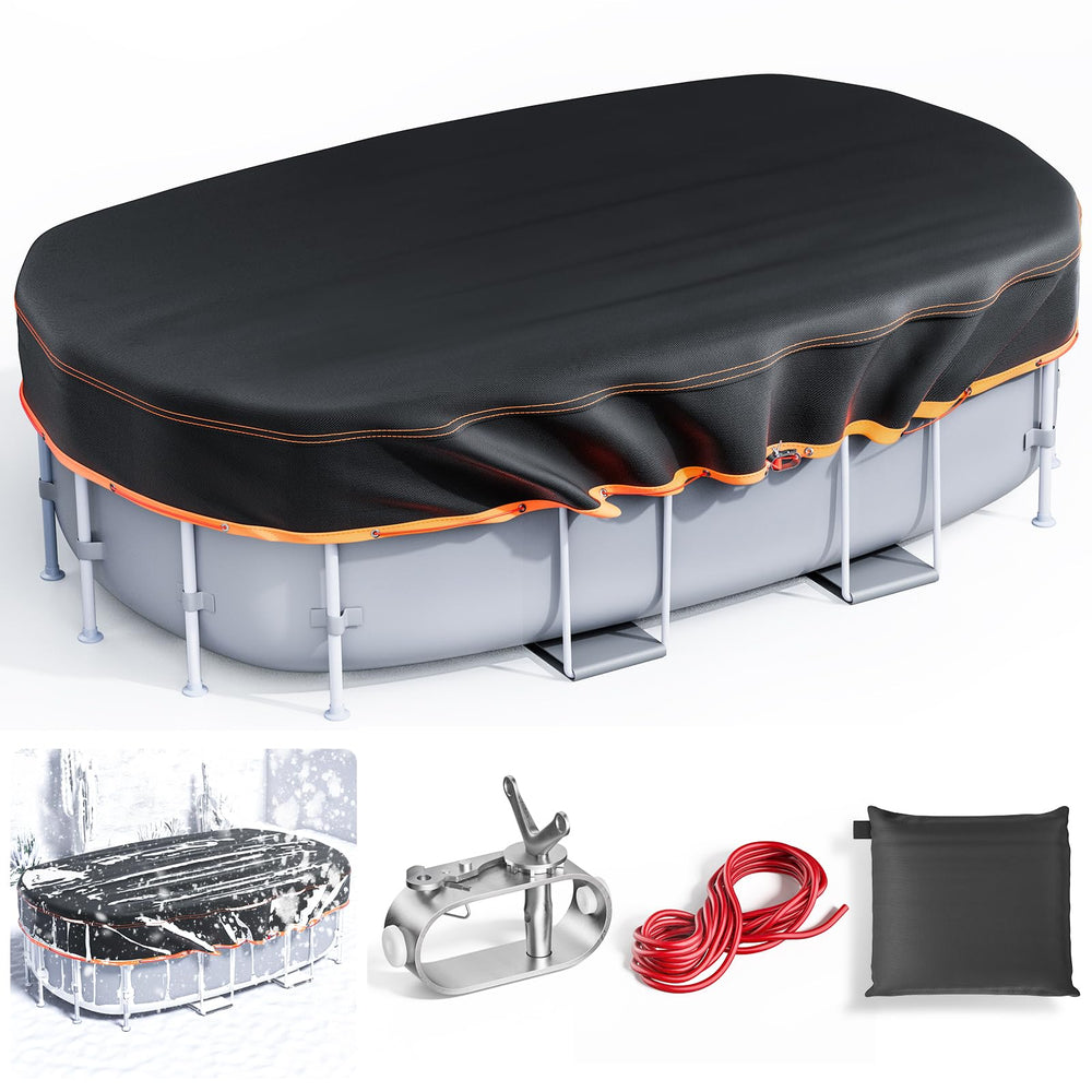 GORISPI front view of 9x18ft oval pool cover showing full fit and protection
