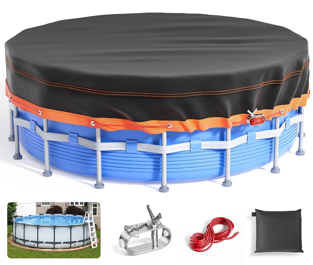 GORISPI front view of 10ft round pool cover showing durable packaging and benefits