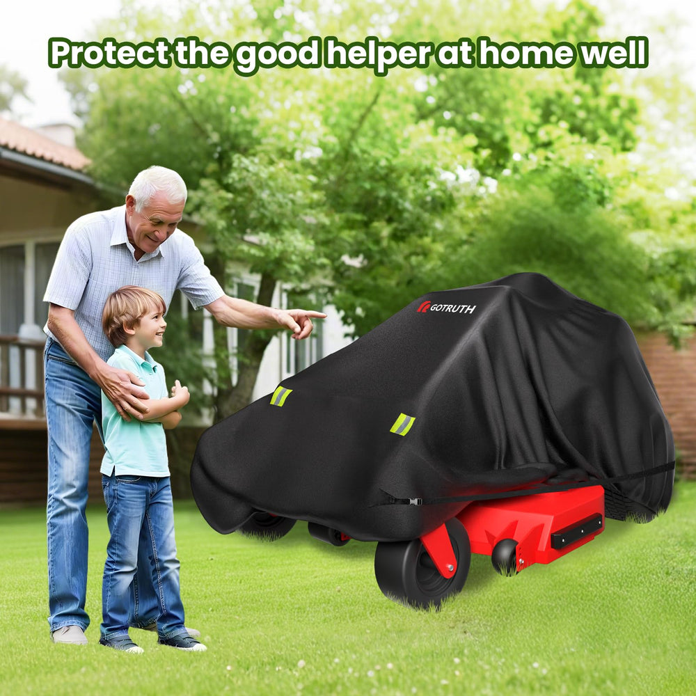 GOTRUTH cover next to mower showing fit and size scale