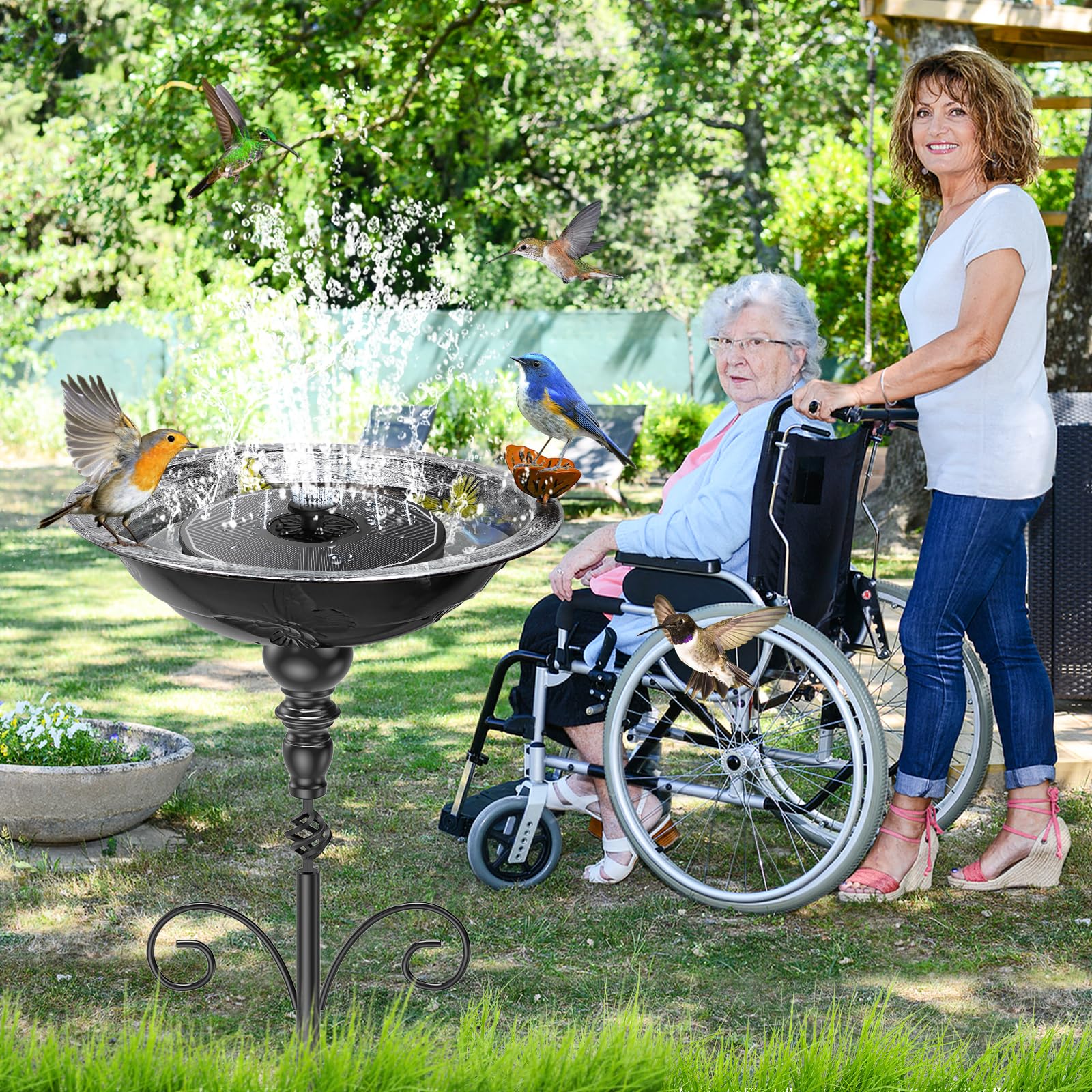 Gouisalin bird bath in use with birds feeding, attracts wildlife to backyard