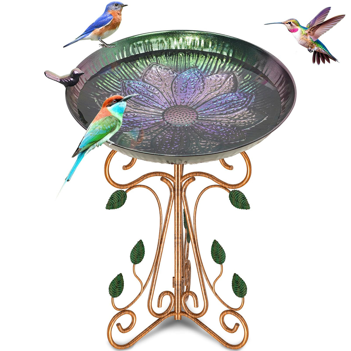 Gouisalin front view purple lotus bird bath showing elegant outdoor decor and bird attraction