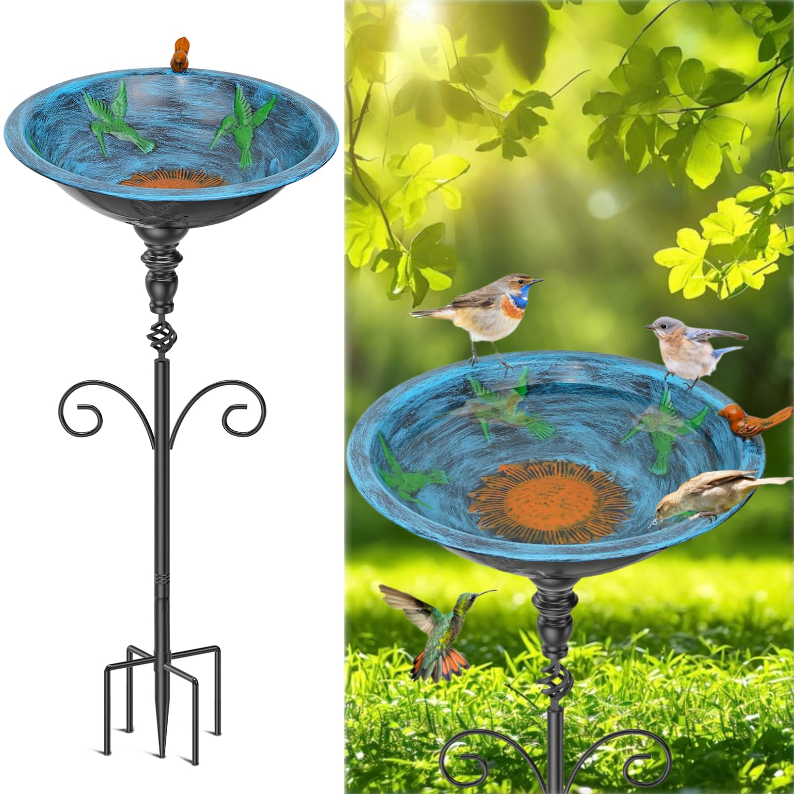Gouisalin front view vintage blue bird bath showing decorative design and garden appeal