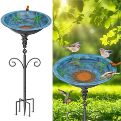 Gouisalin front view vintage blue bird bath showing decorative design and garden appeal