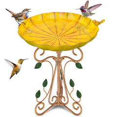 Gouisalin front view showing retro yellow bird bath and garden appeal