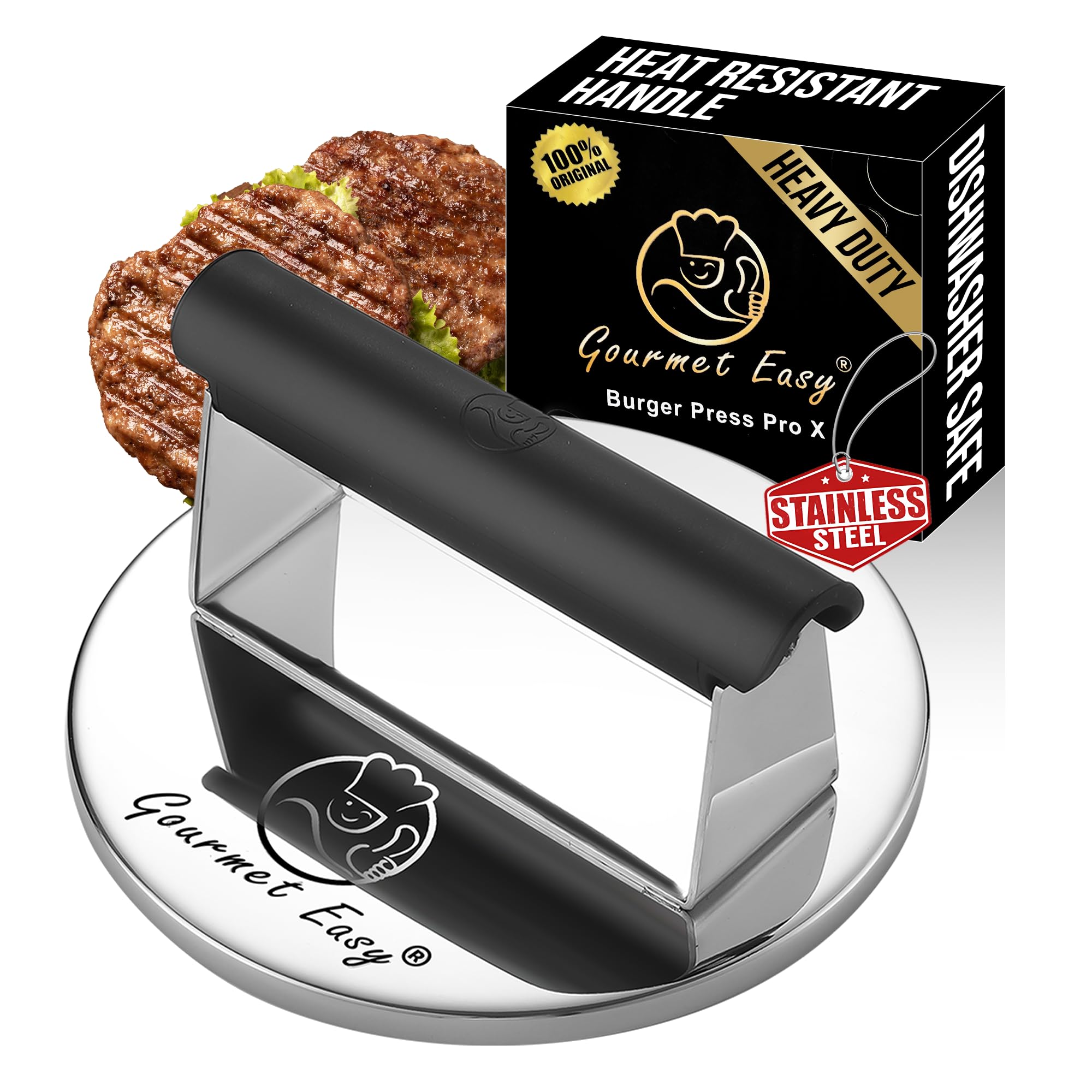 Gourmet Easy front view showing solid stainless press and clean finish for consistent searing