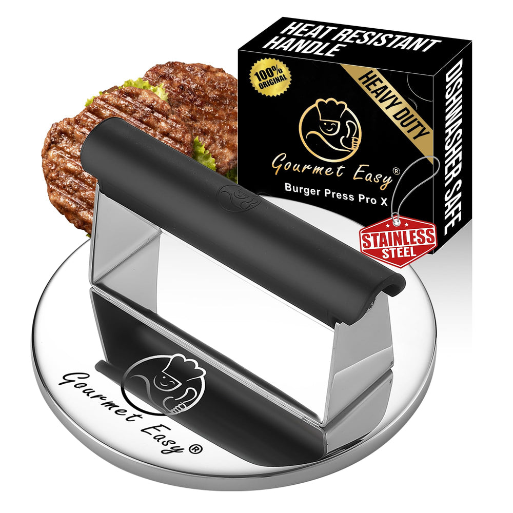 Gourmet Easy front view showing solid stainless press and clean finish for consistent searing