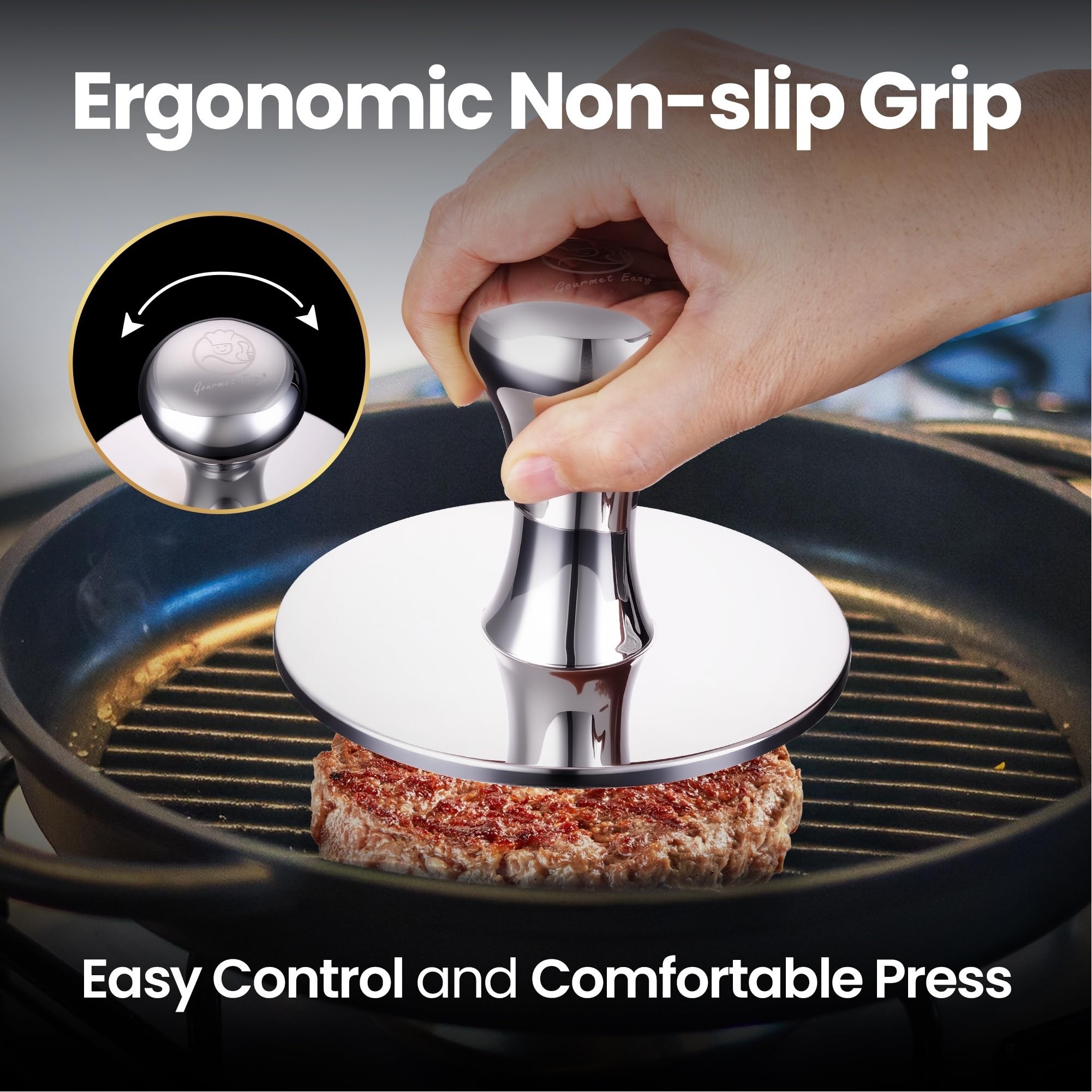Gourmet Easy pressing smash burger on hot griddle for crisp edges