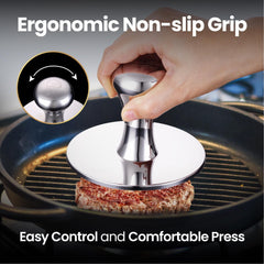 Gourmet Easy pressing smash burger on hot griddle for crisp edges