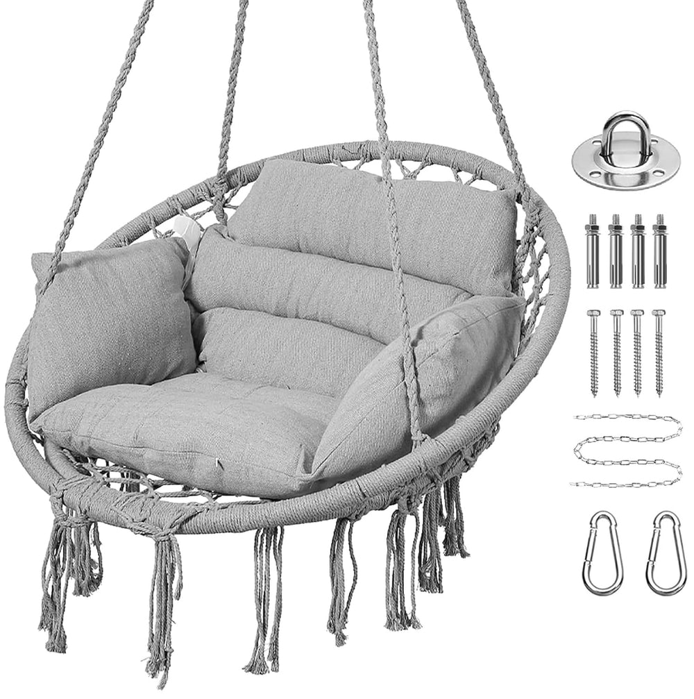 GOUTIME front view light grey hammock swing chair shows cozy boho seating
