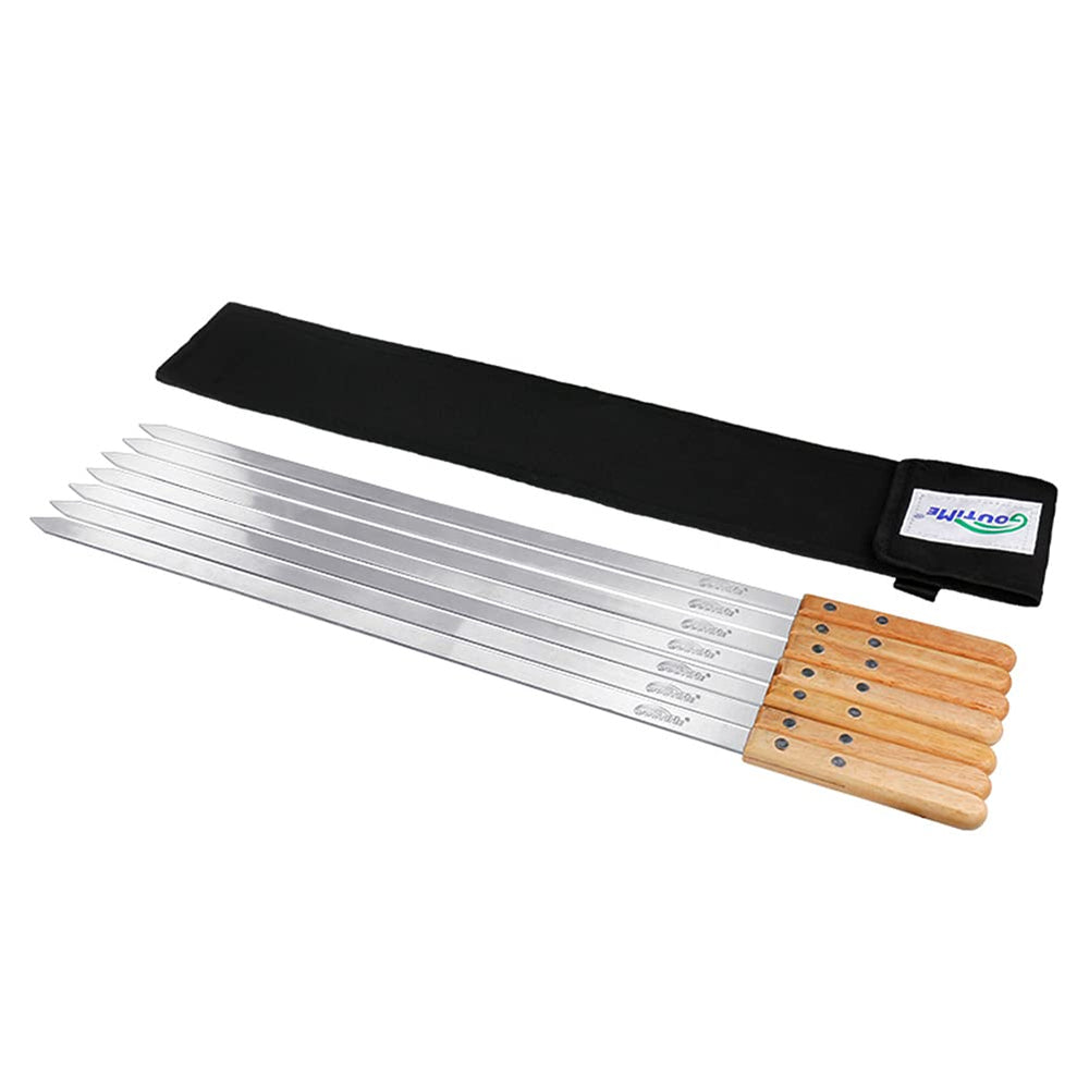 GOUTIME front view of seven skewers in packaging showing set portability
