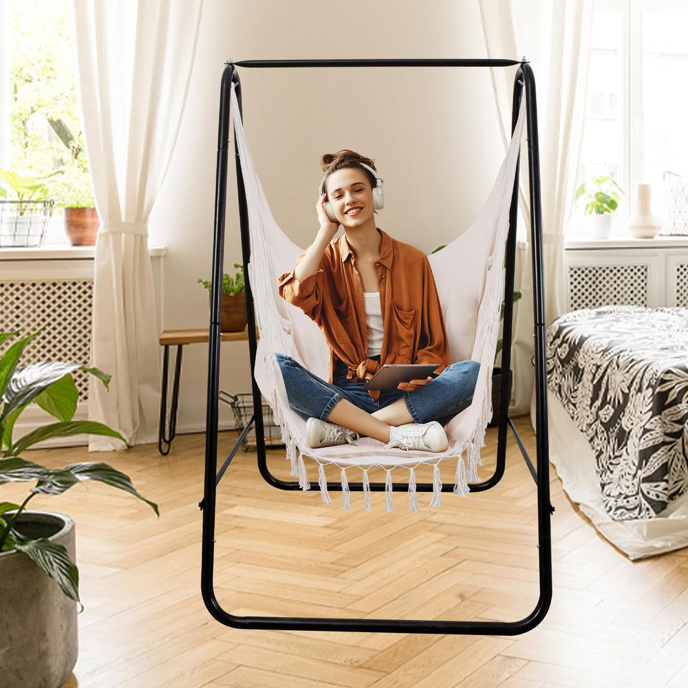 GOUTIME hammock chair mounted to ceiling with chain and secure hardware visible