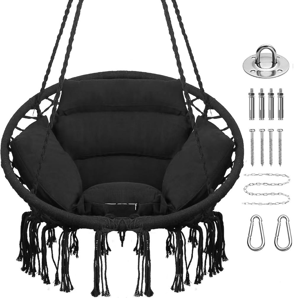 GOUTIME front view of black macrame hammock chair showing stylish boho seating benefit