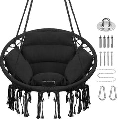 GOUTIME front view of black macrame hammock chair showing stylish boho seating benefit