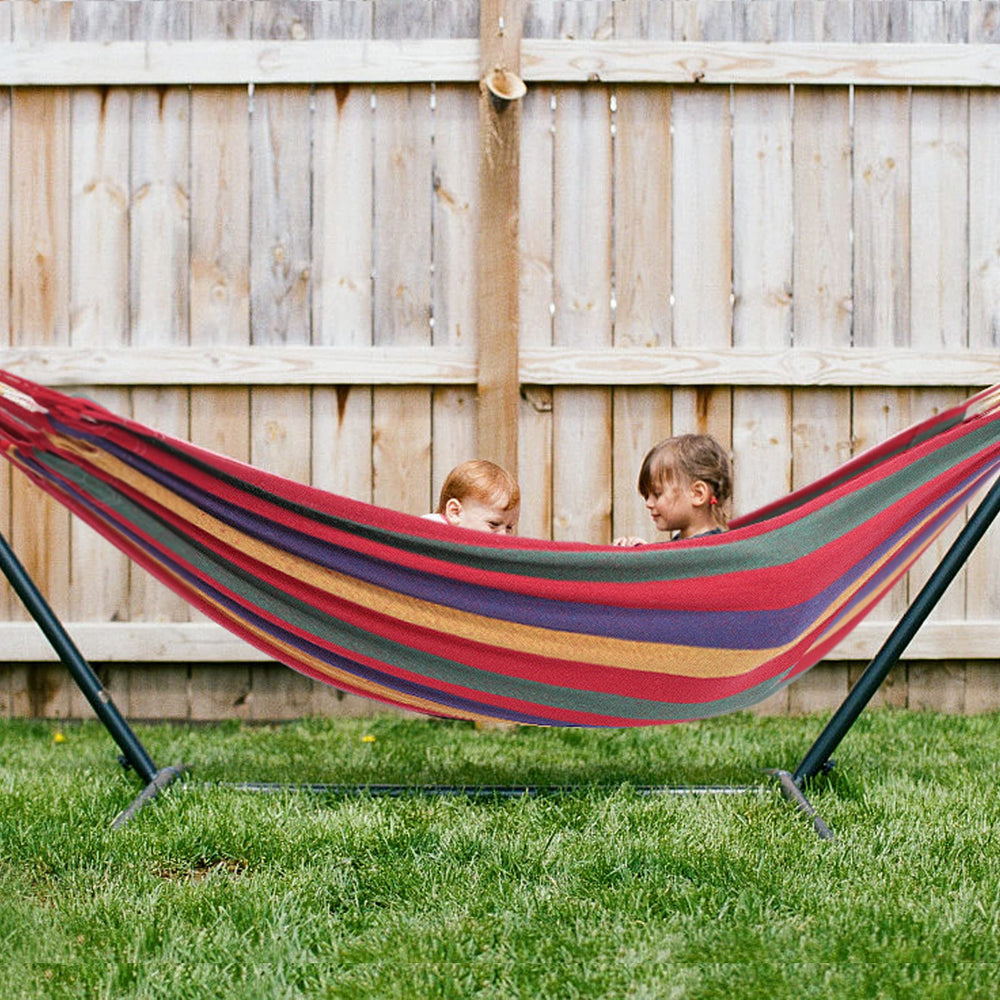 goutime hammock in backyard setting showing colorful decor and relaxation
