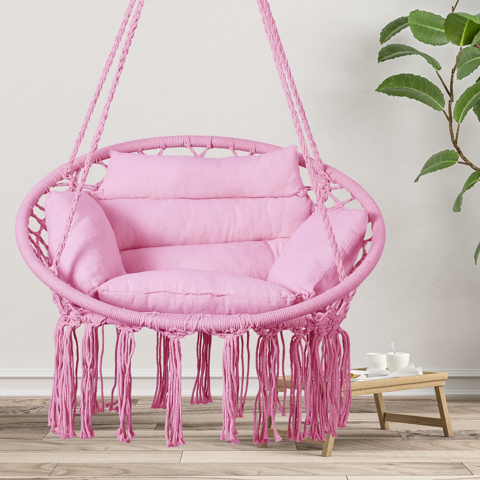 GOUTIME hammock swing in living room showing boho decor and cozy seating