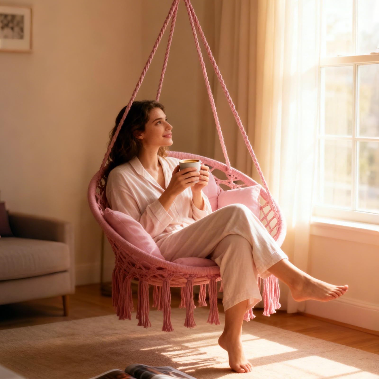 GOUTIME hanging chair on porch showing outdoor charm and relaxing use