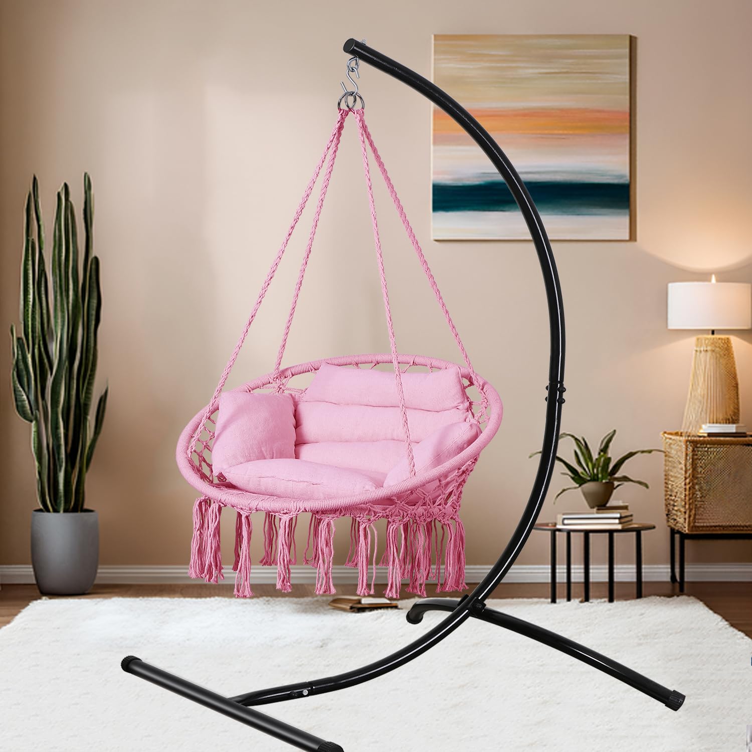 GOUTIME hammock chair beside person showing size scale and practical fit
